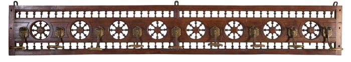 French Provincial Wall Mount Walnut Coat Rack, early 20th c., H.- 9 3/4 in., W.- 65 in., D.- 5 1/2