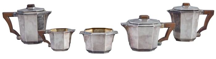 Antique Art Deco Silverplate Coffee Set, early 20th c., Largest: H.- 7 1/4 in., W.- 9 in., D.- 4 in.