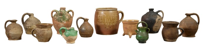 Lot of Twelve Antique Continental Earthenware Vessels, 19th c., Largest- H.- 9 in., W.- 11 in., D.-