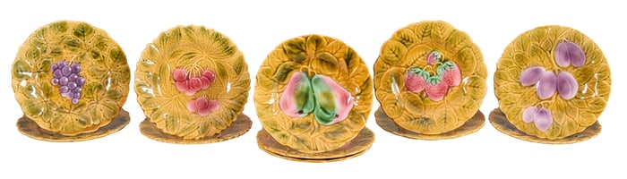 Set of Eleven French Sarreguemines Barbotine Majolica Plates, c. 1930s, Dia.- 7 3/4 in. (11 Pcs.)