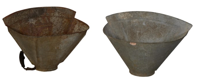 Lot of Two French Galvanized Metal Vineyard Grape Collection Baskets, 20th c., Larger: H.- 26 in.,