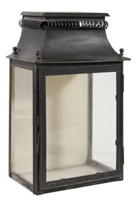 French Metal and Glass Candle Lantern, H.- 17 in., W.- 10 1/2 in., D.- 7 in.