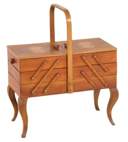 French Provincial Inlaid Sewing Box, 20th c., Closed: H.- 24 in., W.- 20 1/2 in., D.- 11 in., Open: