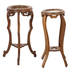 Two Art Nouveau Marble Top Carved Walnut Stands, early 20th c., Taller- H.- 26 in., Dia. 14 in. (2