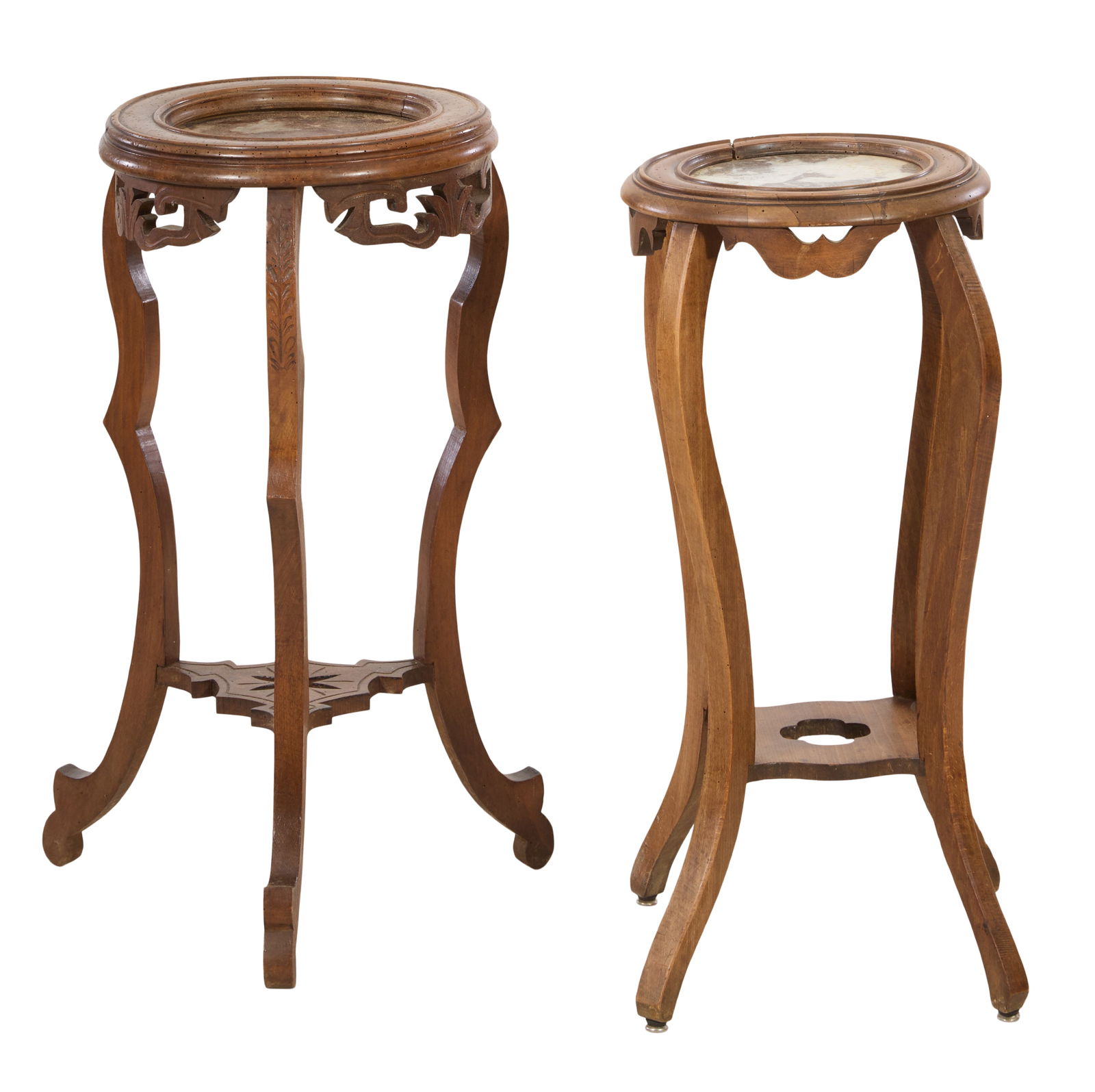 Two Art Nouveau Marble Top Carved Walnut Stands, early 20th c., Taller- H.- 26 in., Dia. 14 in. (2 (1 of 3)