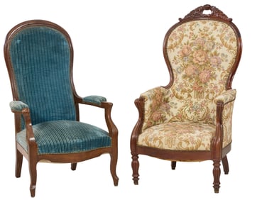 Lot of Two French Louis Philippe Carved Walnut Arm Chairs, mid 19th c., Shorter- H.- 44 1/2 in., W.-