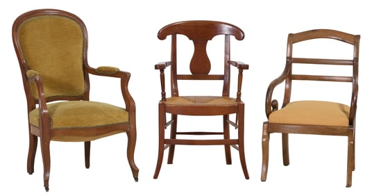 Three French Fauteuils, 19th c., Rush Seat- H.- 36 1/4 in., W.- 22 in., D.- 17 1/2 in. (3 Pcs.)