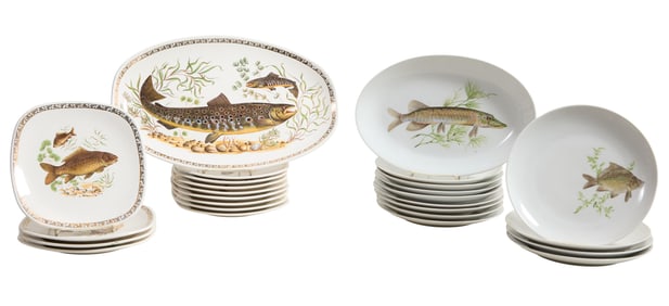 Two Assembled French Ceramic Fish Sets, 20th c., Circular Plates- H.- 1 in., Dia.- 9 3/8 in. (27