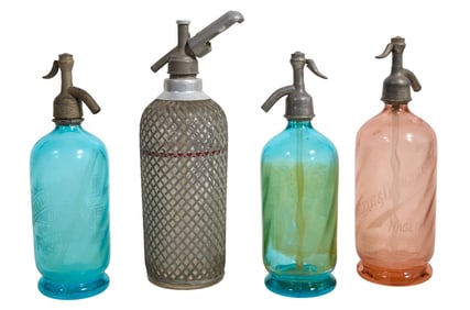 Group of Four Glass Seltzer Bottles, 20th c., Tallest- H.- 14 in., W.- 5 3/4 in., D.- 4 3/4 in.