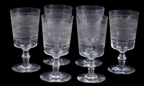 Groups of Six French Etched Crystal Red Wine Glasses, H.- 6 in., Dia.- 2 7/8 in. (6 Pcs.)