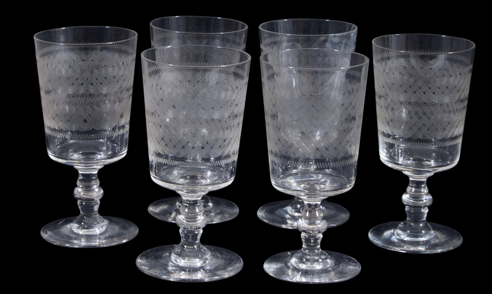 Groups of Six French Etched Crystal Red Wine Glasses, H.- 6 in., Dia.- 2 7/8 in. (6 Pcs.): Groups of Six French Etched Crystal Red Wine Glasses, each with etched embroidery motif, H.- 6 in., Dia.- 2 7/8 in. (6 Pcs.)