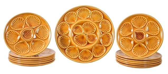 Thirteen Piece French Ceramic Oyster Set, 19th c., Plate- H.- 3/4 in., Dia.- 9 3/4 in. (13 Pcs.)
