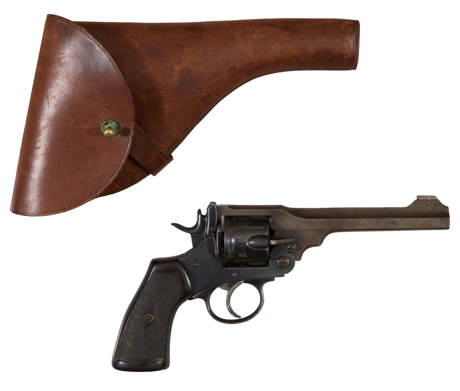 Webley Mark VI Top-Break Revolver, United Kingdom, early 20th c., Barrel- L.- 6 in., Overall- H.- 6: Webley Mark VI Top-Break Revolver, United Kingdom, early 20th c., .455 caliber, six shot, serial number 249797 marked on the bottom of the body, with brown leather holder Barrel- L.- 6 in., Overall- H