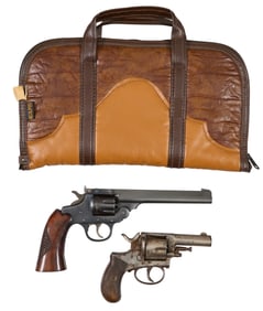 Two Revolvers, 19th/20th c., Supershot- Barrel- L.- 6in., Overall- H.- 5 1/4 in., W.- 10 3/4 in.,