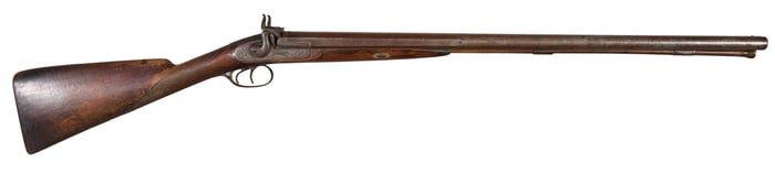 German Double Barrel 12 Guage Percussion Rabbit Ear Shotgun, 19th c., Barrel- L.- 28 in., Overall-
