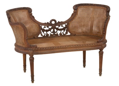 French Louis XVI Style Carved Walnut Double Bench, 20th c., H.- 28 1/2 in., W.- 45 1/2 in., D.- 20
