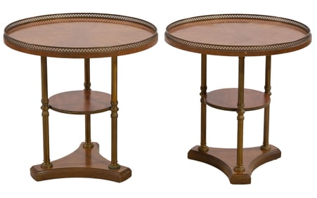 Pair of Classical Brass Mounted Round Walnut Gueridons, 20th c., H.- 25 1/4 in., Dia.- 24 1/2 in. (2