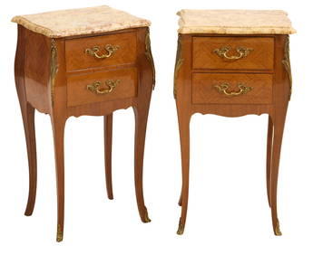 Pair of French Transitional Louis XV-XVI Style Walnut Marble Top Nightstands, 20th c., Each- H.- 27 (1 of 2)