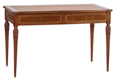 French Louis XVI Style Ormolu Mounted Carved Walnut Writing Table, 20th c., H.- 30 in., W.- 49 in.,