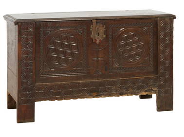 French Louis XIII Style Oak Coffer, c. 1850, H.- 35 in., W.- 59 in., D.- 22 1/4 in. (1 of 1)