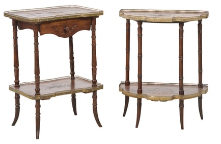 Two French Provincial Carved Walnut Brass Galleried Side Tables, early 20th c., Demilune- H.- 29