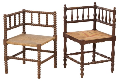 Two French Provincial Beech Corner Stools, 20th c., Taller- H.- 28 1/2 in., W.- 17 in., D.- 17 in.
