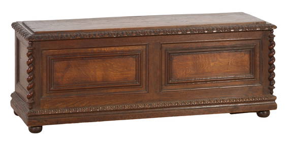 French Louis XIII Style Carved Oak Coffer, 19th c., H.- 18 1/2 in., W.- 49 3/4 in., D.- 17 1/2 in. (1 of 2)