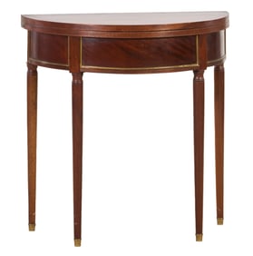 French Directoire Brass Mounted Mahogany Demi-Lune Games Table, 19th c., Closed- H.- 30 in., W.- 29