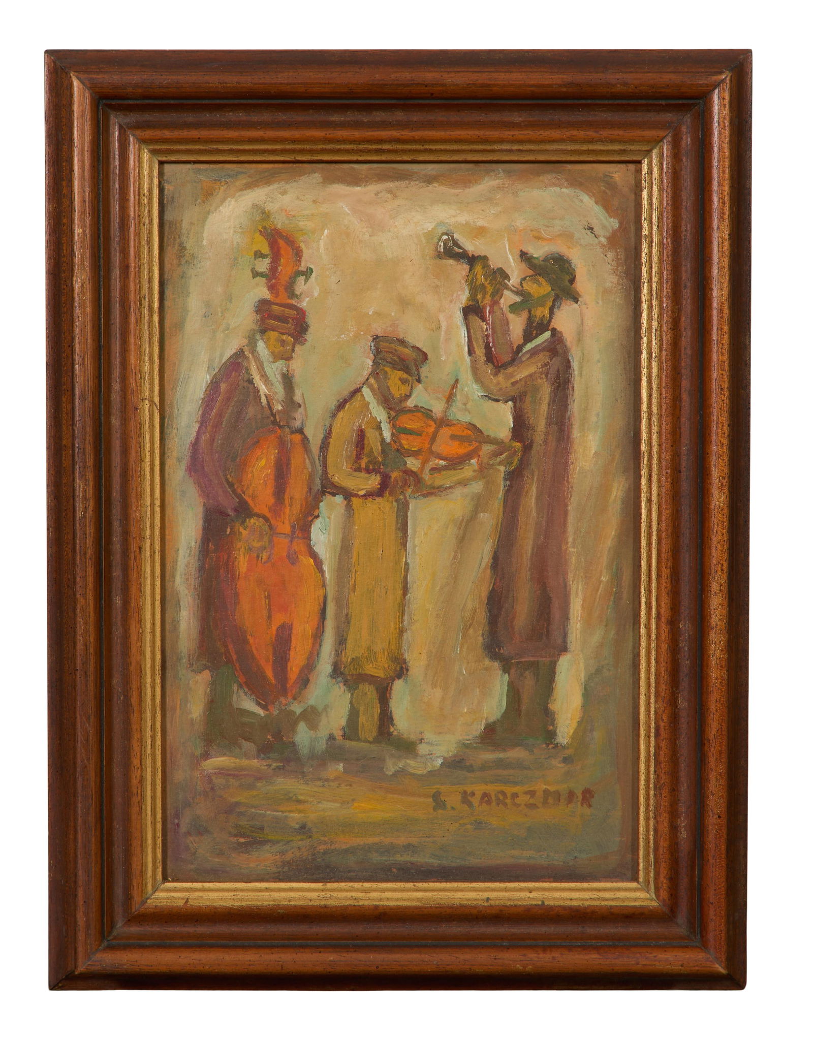 Simon Natan Karczmar (Polish/Israeli, 1903-1982), "Fiddler and Musicians," H.- 13 in., W.- 8 3/4: Simon Natan Karczmar (Polish/Israeli, 1903-1982), "Fiddler and Musicians," oil on masonite, signed lower right, presented in a wood frame, H.- 13 in., W.- 8 3/4 in., Framed- H.- 16 1/2 in., W.- 12 1/4