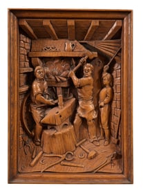 Wood Grained Relief Wall Plaque of a Blacksmith, 20th/21st c., H.- 15 in., W.- 10 1/4 in., D.- 1 7/8