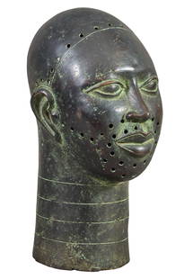 West African Yoruba Bronze Head of an Ooni (Ruler), H.- 16 in., W.- 8 in., D.- 10 in.: West African Yoruba Bronze Head of an Ooni (Ruler), cast after ancient copper and brass Benin models, H.- 16 in., W.- 8 in., D.- 10 in.