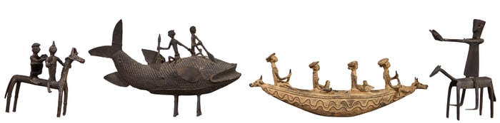 Four African Metal Figures, 20th c., Boat- H.- 5 in., W.- 13 in., D.- 2 1/2 in. (4 Pcs.)