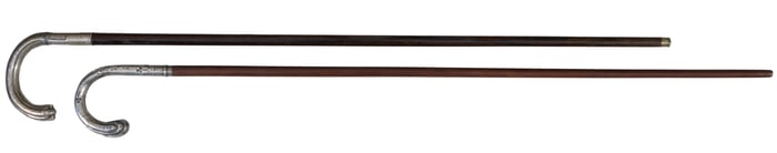 Two English Silver Handle Walking Sticks, early 20th c., Taller- H.- 38 3/4 in.; Shorter- H.- 35 3/4