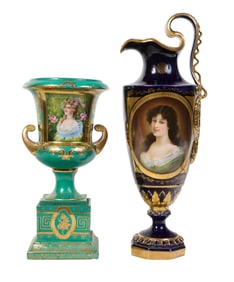 Two Continental Royal Vienna Style Porcelain Vases, late 19th c., Ewer- H.- 19 in., W.- 6 1/2 in.,