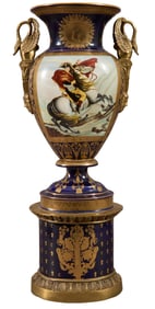 Large French Sevres Style Bronze and Cobalt Porcelain Urn, late 20th c., H.- 24 in., W.- 10 1/2 in.,