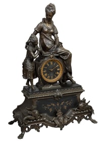 French Bronze and Black Marble Figural Mantel Clock, 19th c., H.- 23 in., W.- 16 in., D.- 6 1/2 in.