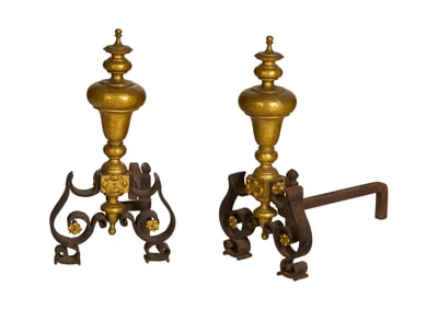 Pair of Large Antique Baroque Style Hammered Gilt Wrought Iron Andirons, 19th c., Each- H.- 26 in.,