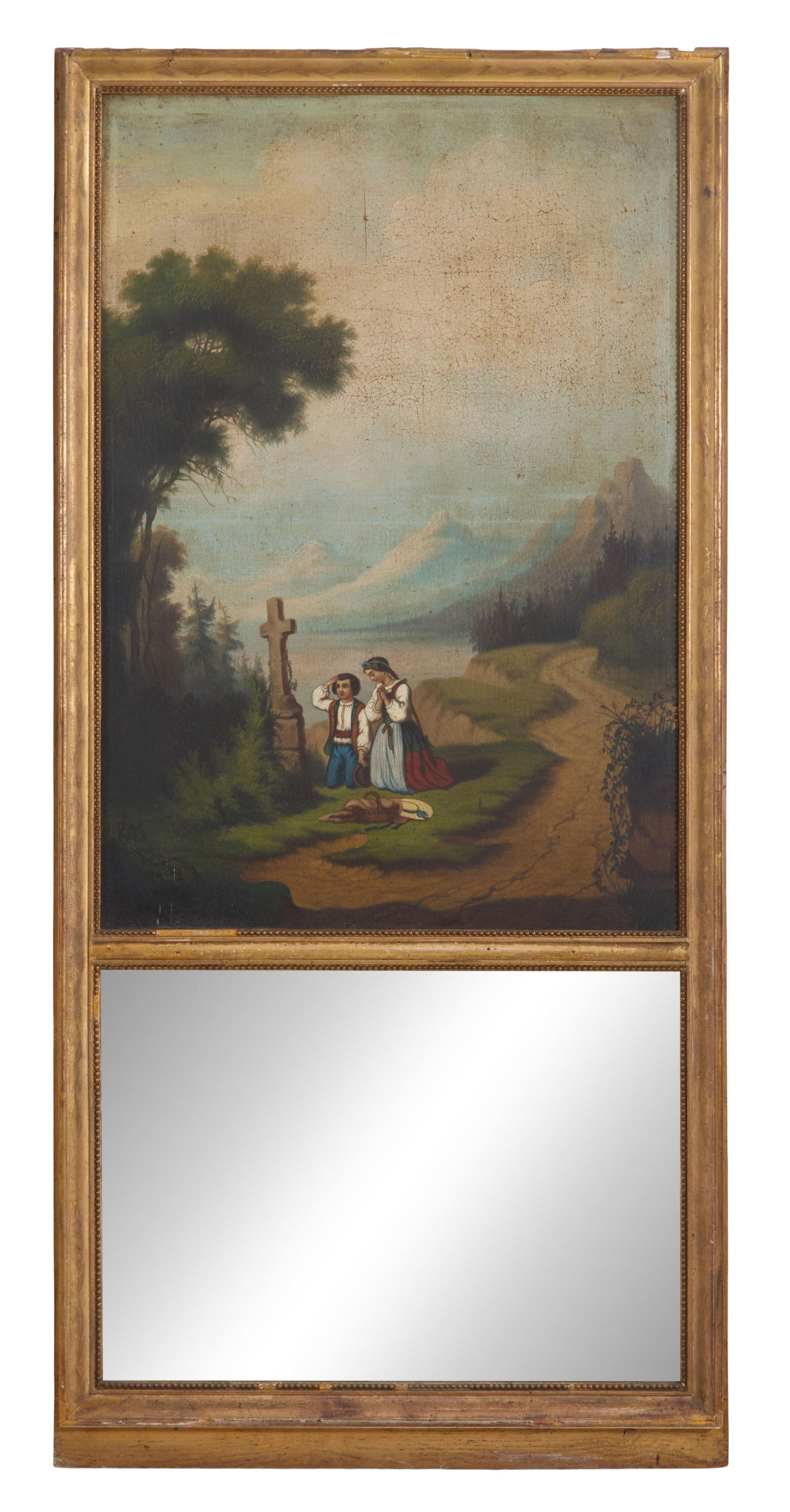 French Provincial Gilt and Gesso Trumeau Mirror, 19th c., H.- 58 in., W.- 27 in., D.- 1 3/8 in. (1 of 1)