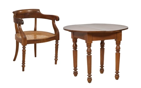 Diminutive English Walnut Circular Side Table and Armchair, late 19th c., Table- H.- 28 1/2 in.,