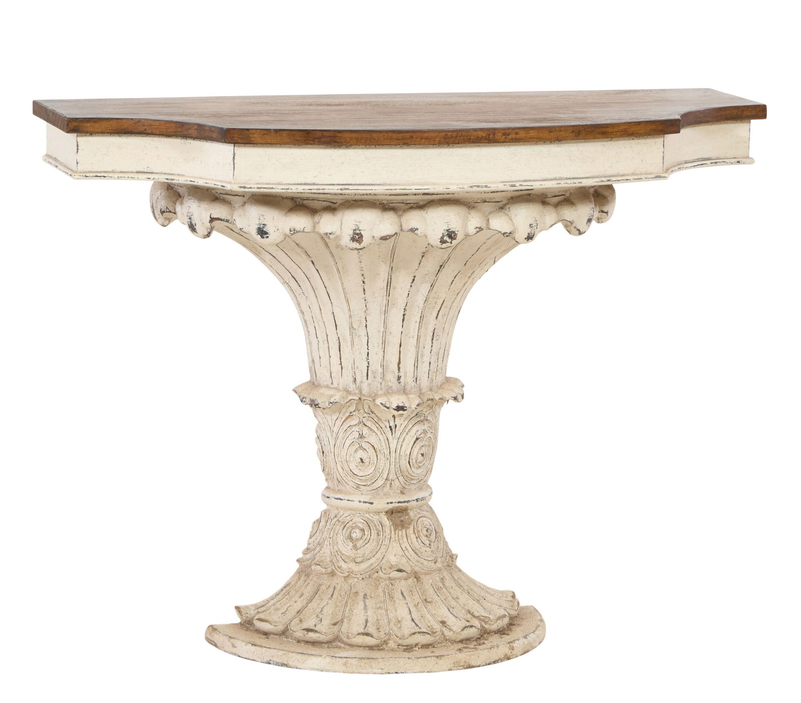 Italian Inspired Polychromed Carved Mahogany Console, 21st c., H.- 34 in., W.- 43 1/2 in., D.- 18: Italian Inspired Polychromed Carved Mahogany Console, 21st c., the projecting rustic top over conforming frieze, bound foliate fronds circled by acanthus carving, conforming foot on semicircle base, H