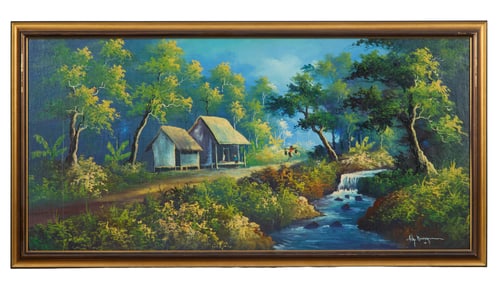 Asian School, "Cabin Scene by a Small Waterfall and River," 20th c., H.- 25 in., W.- 52 in., Framed-