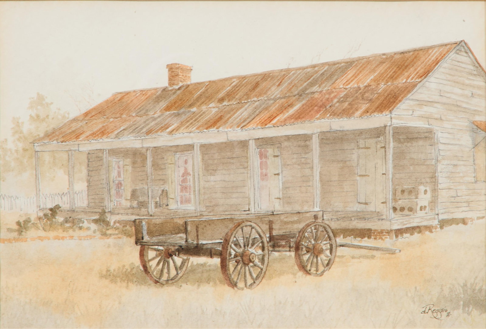 Don Reggio (American/Louisiana, b. 1950), "Wagon on the Homestead," 1970, Sight H.- 9 1/2 in., W.-: Don Reggio (American/Louisiana, b. 1950), "Wagon on the Homestead," 1970, watercolor and pencil on paper, signed and dated lower right, presented in a wood frame, Sight H.- 9 1/2 in., W.- 14 in., Fram