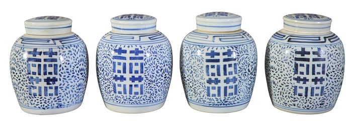 Group of Four Chinese Porcelain Blue and White Covered Ginger Jars, 20th c., Each- H.- 10 1/4 in.,