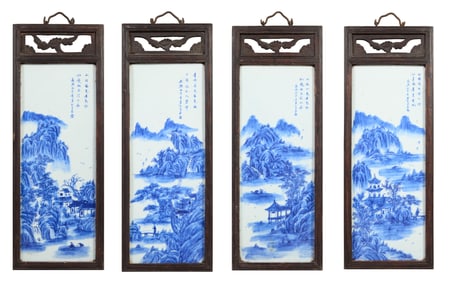 Four Chinese Blue and White Porcelain Plaques, 20th c., Plaques- H.- 17 in., W.- 6 1/2 in., Framed-