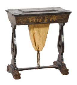Antique Chinese Export Gilt Lacquered Ebonized Sewing Stand, Possibly Canton, China, early 19th c.,