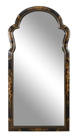 French Ebonized Gilt Decorated Chinoiserie Mirror, 20th c., H.- 53 in., W.- 25 1/2 in., D.- 1 in.