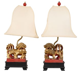 Pair of Chinese Giltwood Foo Dog Table Lamps, 20th c., H.- 21 in., W.- 6 3/4 in., D.- 4 1/2 in.