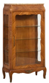 French Transitional Louis XV / Louis XVI Marble Top Parquetry Vitrine Cabinet, 20th c., H.- 60 1/2