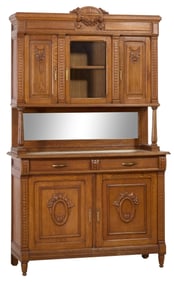French Louis XVI Style Carved Oak Buffet a Deux Corps, 20th c., H.- 90 in., W.- 54 in., D.- 21 in.