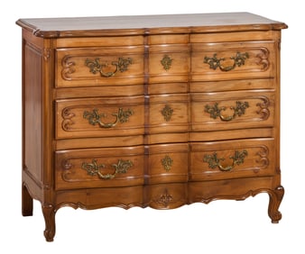 French Louis XV Style Carved Walnut Bowfront Commode, 20th c., H.- 33 1/2 in., W.- 42 1/2 in., D.-